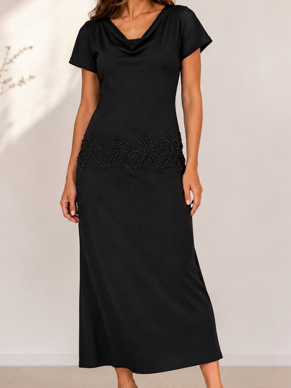 Vintage S.L. Fashions Black Beaded Heart Cowl Neck Maxi Dress Size 10